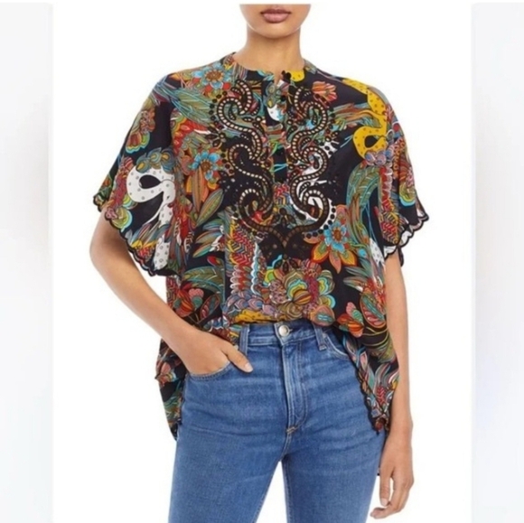 Johnny Was Peacock Floral Eyelid Crochet Short-Sleeve Carmelia Blouse Size XL - Picture 8 of 8